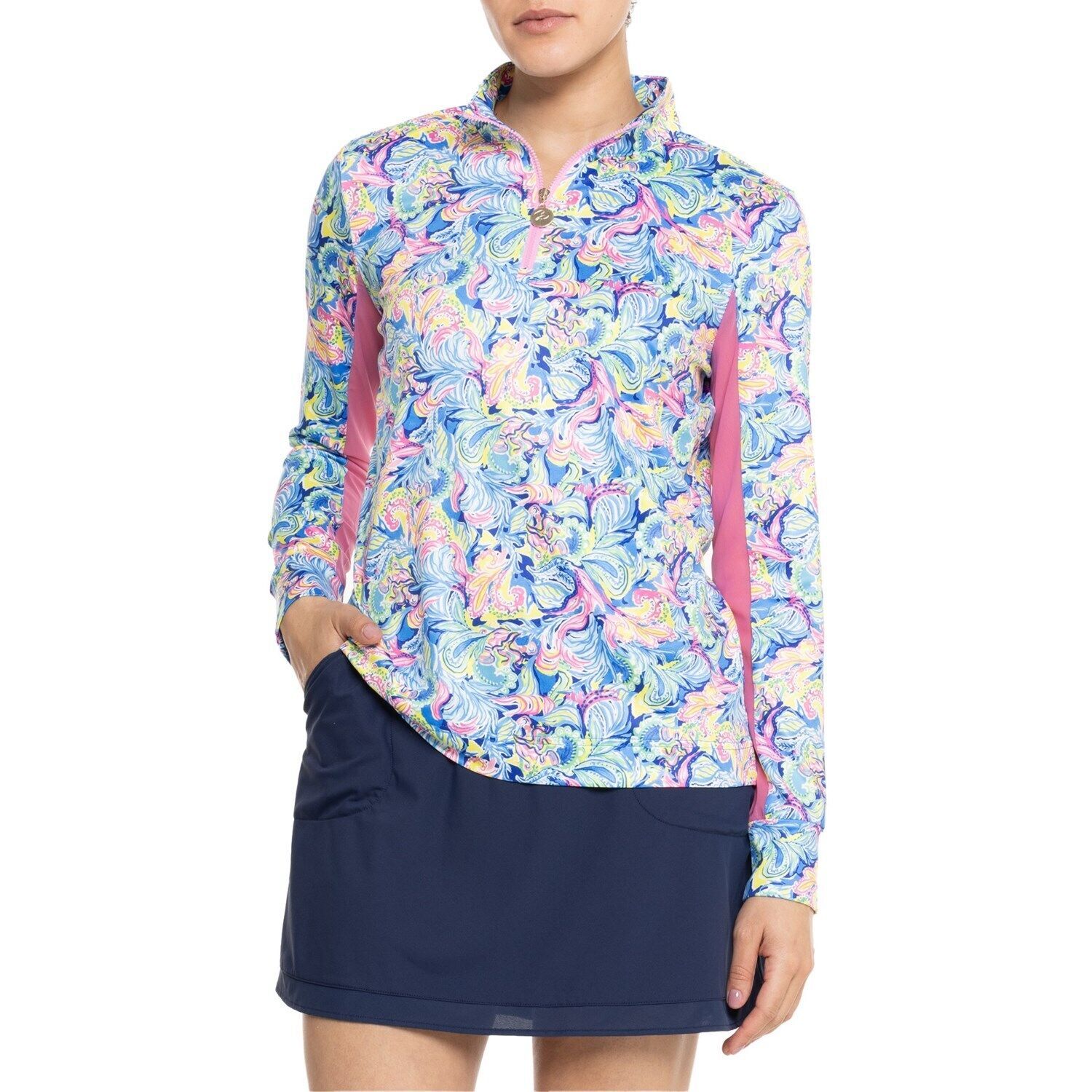 Primary image for NWT STELLA PARKER Blue Pink Shake Tail  Feather Long Sleeve Mock Golf Shirt M L