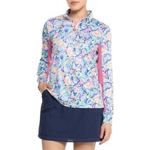 NWT STELLA PARKER Blue Pink Shake Tail  Feather Long Sleeve Mock Golf Sh... - £31.89 GBP