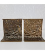 Antique Bookends Adrift Sailboat Cast Brass Brown Doorstop Nautical - $42.08