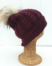 Wine Beanie hat Warm Lined Cable Knit Faux fur Pom Winter Ski Thick Cap ... - £8.87 GBP