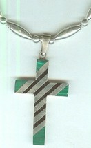 Adjustable Malachite and Onyx Inlay Cross Pendant Necklace Lots of Sterling - £130.75 GBP