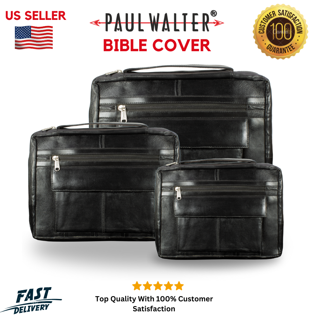 Primary image for Black Genuine Leather Bible Organizer Book Cover Large Carrying Bag Zipper Case