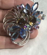 Beautful Vintage Brooch AB crystal Multi Colors Glass Art Silver Tone - £99.91 GBP