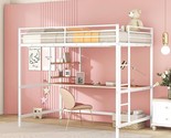 Full Metal Loft Bed With Desk And Shelve, White - $571.99