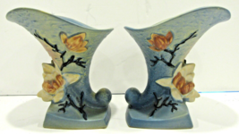 Mirrored Pair of Vintage Roseville Pottery Magnolia #184-6 Blue Cornucopia Vase - $137.61