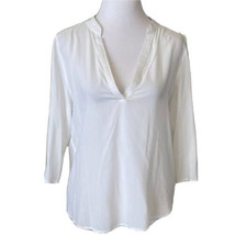 THE HANGER Top Womens Large V-Neck Popover White Blouse 3/4 Sleeve Roll Tab - £13.23 GBP