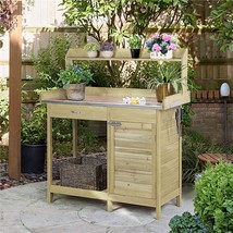 Potting Bench Fir Wood Metal Table Top Gardening Storage Cabinet Drawer ... - $235.03