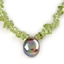 Peridot Necklace With Genuine Tahitian Black Pearl - £54.35 GBP