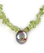 PERIDOT NECKLACE WITH GENUINE TAHITIAN BLACK PEARL - £54.23 GBP