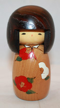 Signed Japanese Creative Sosaku Wooden Kokeshi Doll 13.5cm 5 3/8 Inch Flowers - £25.79 GBP