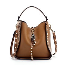 Genuine Leather Fashion Rivet Green Bucket Bags for Women 2022 New Handbags - £133.98 GBP