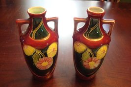 Pair of Pottery Vases (Compatible with Weller?) Decorated with Flowers in Relief - £42.99 GBP