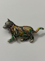 Sterling Silver Plique a Jour Cat Brooch with Rubies and Marcasites - $37.39
