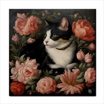 Cat Pink Flowers Ceramic Tile Renaissance Style Art 4.25 Inches - £11.97 GBP