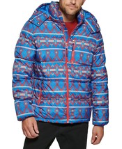 Club Room Men&#39;s Stretch Hooded Puffer Jacket Kings Patch Work Blue-Medium - $39.99