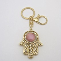 Hamsa Hand of God Keychain/Keyring with Pink Stone, Gold-Tone - $14.01