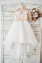 Cap Sleeves Ivory Lace Tulle Hi Low Wedding Party Flower Girl Dress Beading Wais - £91.83 GBP