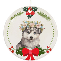 Cute Siberian Husky Dog Puppy Head Flower Wreath Christmas Ornament Ceramic Gift - £11.70 GBP