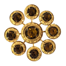 Sunburst Gold Tone Brooch Amber Color Rhinestones Floral Pin Retro Vinta... - $16.48