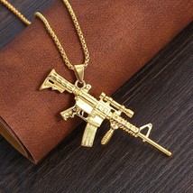 Mens Gold Submachine Gun Pendant Necklace Punk Retro Rock Jewelry Chain 24&quot; Gift - £9.37 GBP