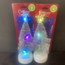 Cobblestone Corners Miniatures 7” LED Snow Flocked Trees w/ STAR Set Of 2 NEW - £8.88 GBP