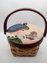 Vintage Handpainted Split Wood Lidded Basket Leather Hinge Gingerbread Man Girl - £11.03 GBP