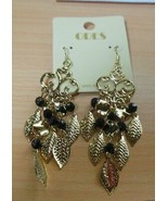 Odes Gold-tone &amp; Black Bead Dangle Leaves Hook Earrings 3.5&quot; Long - $23.33 CAD