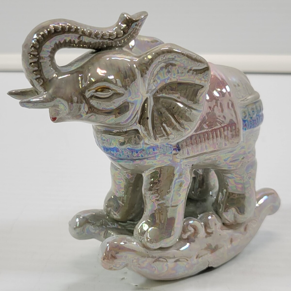 FF) Vintage Glossy Porcelain Raised Trunk Rocking Gray Elephant Figurine - $14.84