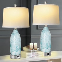 Modern Table Lamp Set Of 2, Blue Glass Bedside Lamps With 2 Usb Ports, 4-Way Rot - £105.01 GBP