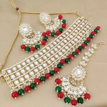 Gold Plated Indian Bollywood Style Kundan Chick Necklace Multicolor Jewelry Set - £37.35 GBP