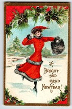 New Year Postcard Women Ice Skating Holds Muff Santa Hat MS 2276 L&amp;E Embossed - £7.59 GBP