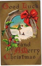 Christmas Postcard Robbins Good Luck Children Horseshoe - $2.96