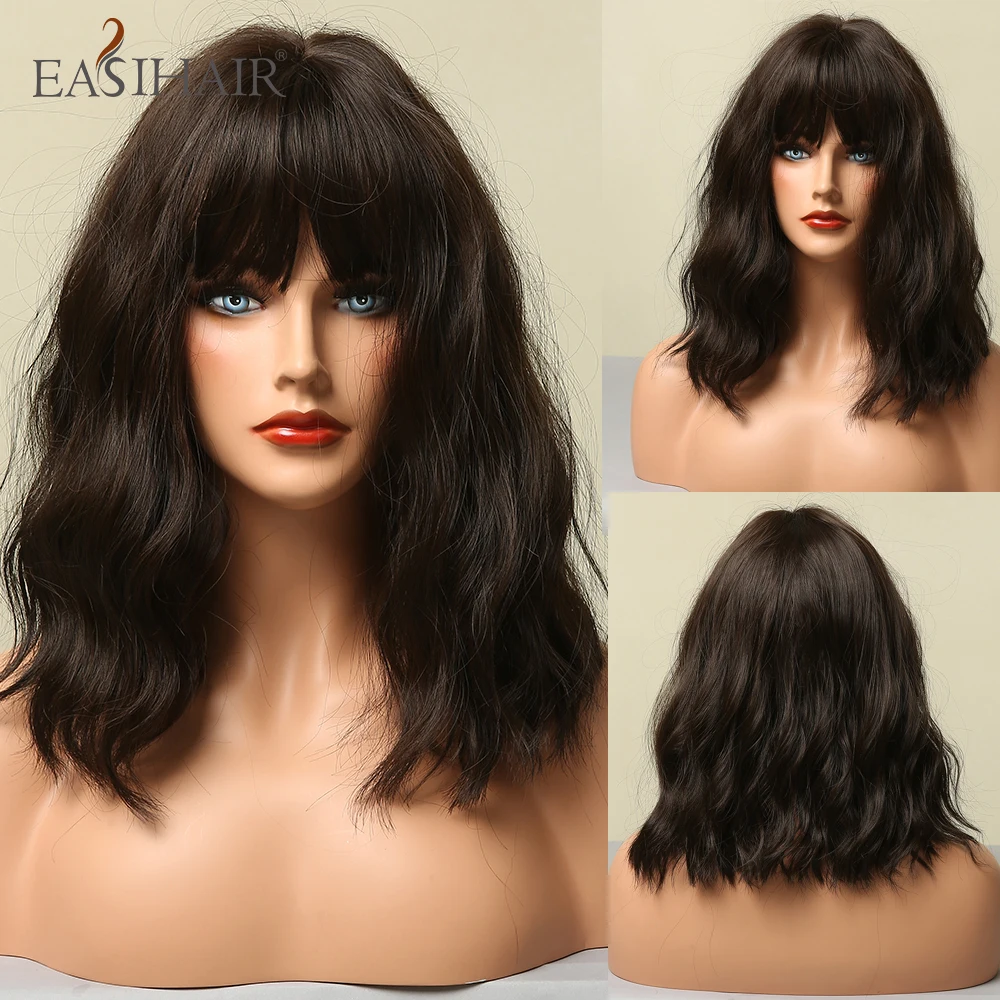 EASIHAIR Dark Brown Synthetic Wigs Short Wavy Bob Wigs with Bangs for Wom - £10.34 GBP+