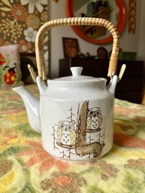 Vintage 70s Ceramic/Porcelain Owl Teapot with Wicker/Rattan Handle Made ... - $27.00