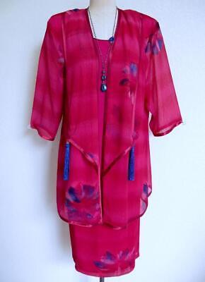Primary image for Vtg Maggie Shepherd 3Pc Jacket Dress XL L M Fuchsia Watercolor Floral Tassels