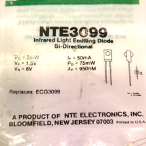NTE Electronics NTE3099 Infrared Emitting Diode Bi-directional 2mw 950nm... - $2.16