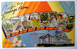 Greetings From Arkansas Large Big Letter Linen Postcard Tichnor Apple Blossom - £8.87 GBP