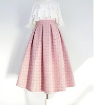 Winter Pink Tweed Midi Skirt Outfit Women Plus Size A-line Pleated Party Skirt