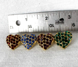 Heart Pin with 4 Heart in Red, Blue, Purple &amp; Green Gemstones on Gold To... - £14.60 GBP