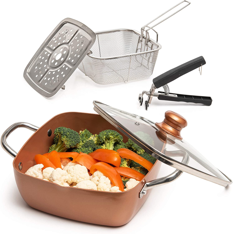 Primary image for 9.5” Non Stick Deep Frying Pan 5 Pcs Copper Chef Cookware Set Fry Basket Kitchen