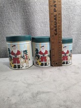 Vintage Santa &amp; Reindeer Green Christmas Holiday Small Round Nestle Tin 5” Tall - £12.58 GBP