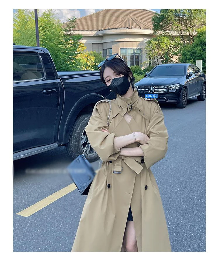 Long Khaki Trench Women   Clothes Korean Style Loose Lapel Double Breasted -up W - £441.23 GBP
