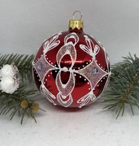 Red with white glitter glass ball Christmas ornament, handmade XMAS decoration - £10.19 GBP