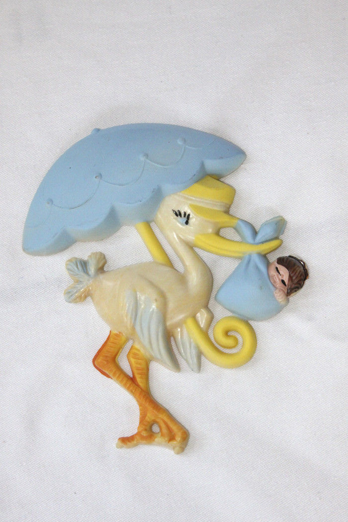 Vintage 1950-60'S BABY SHOWER Cake Topper Blue Stork BAKELITE Mid Century Decor - £4.71 GBP