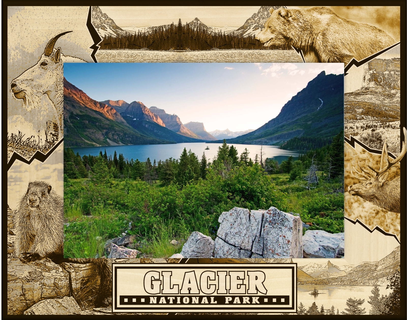Primary image for Glacier National Park Montage Laser Engraved Wood Picture Frame (5 x 7)