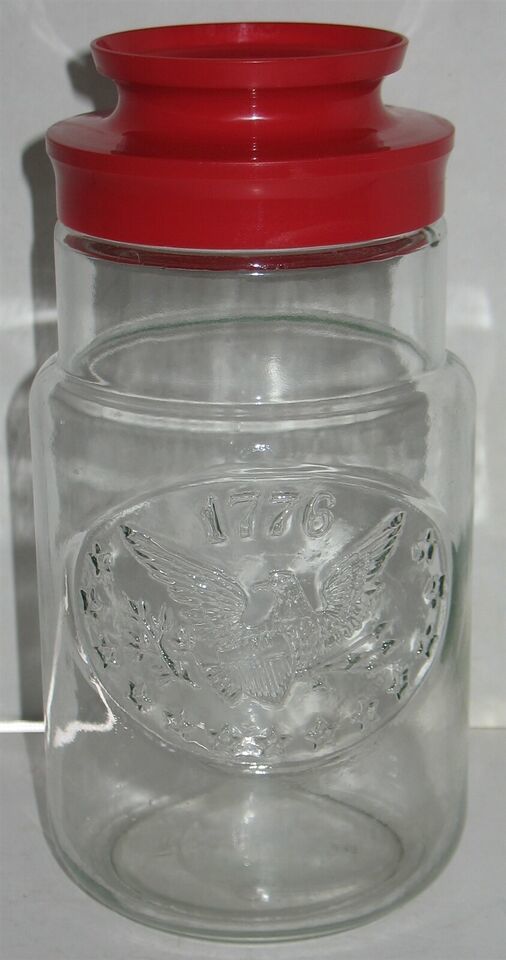 Vtg 1976 Anchor Hocking 1776 Eagle Bicentennial Glass Storage Jar w/Red Lid #1 - $18.81
