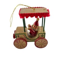 Russ Berrie Wooden Christmas Ornament Santa Driving Fringe Top Buggy Car 2.5&quot;H - £10.03 GBP