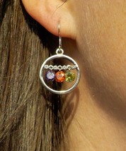 Silver Circle Dangle Fish Hook Earrings W/ Purple Orange Yellow Stones Jewelry - £3.98 GBP