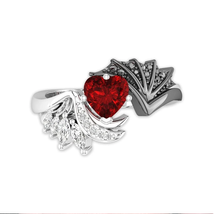 Angel Wing Ring With Devil Wing Garnet Heart Inlaid Bypass Ring Angel Wing Engag - $65.65