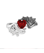 Angel Wing Ring With Devil Wing Garnet Heart Inlaid Bypass Ring Angel Wi... - $65.65